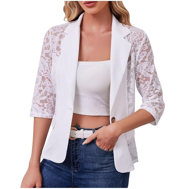 Womens 3 4 Sleeve Lace Embroidered Blazer Tops Fashion One Button One Button Business Casual Blazer Jackets