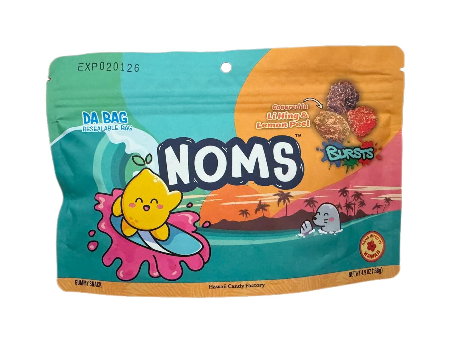 Noms Bursts Gummy Candy, Li Hing and Lemon Peel Flavor, 4.9 oz Resealable Bag