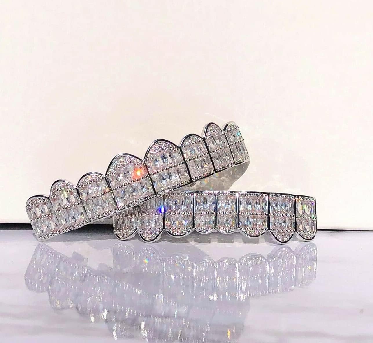 14k Baguette Set White Joker Gold Grillz for Mouth Top Bottom Hip Hop Teeth Grills for Teeth Mouth Grillz for Mouth Top Bottom Hip Hop 8 Teeth Grills for Teeth Mouth Set