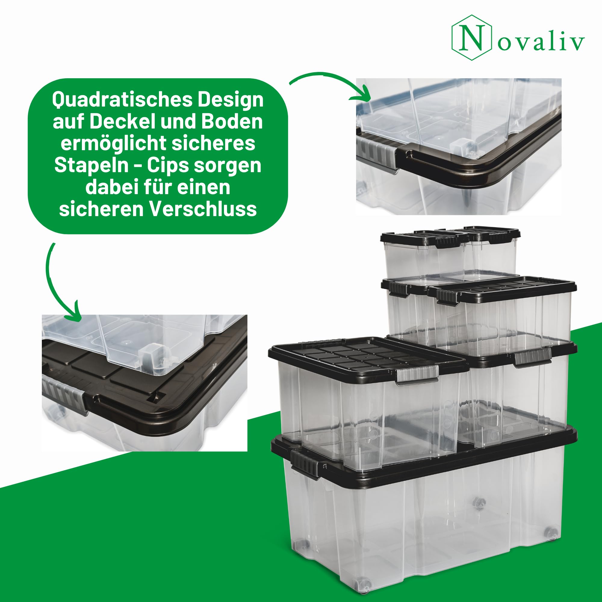 Novaliv - Set di 7 scatole portaoggetti con coperchio, colore antracite, 1 x 55 l, 2 x 15 l, 4 x 5 l, impilabili, con chiusura a clip, senza BPA
