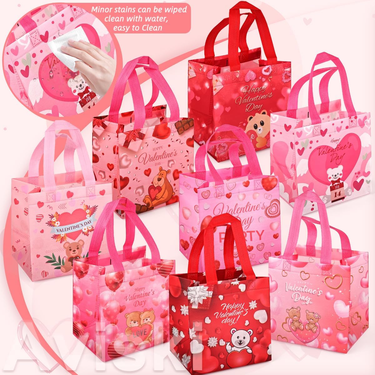 8PCS Happy Valentine's Day Reusable Gift Bags With Handles - Multifunctional Non-Woven Treat Goodie Bags for Gifts Wrapping, Party Supplies, 7.9 7.9 5.9inch - Image 3