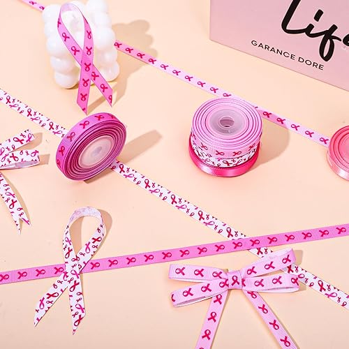 Miniatura 4 de Whaline Cinta de grogrén de 50 yardas para concientización sobre el cáncer de mama, cinta de satén rosa y rosa intenso para manualidades,