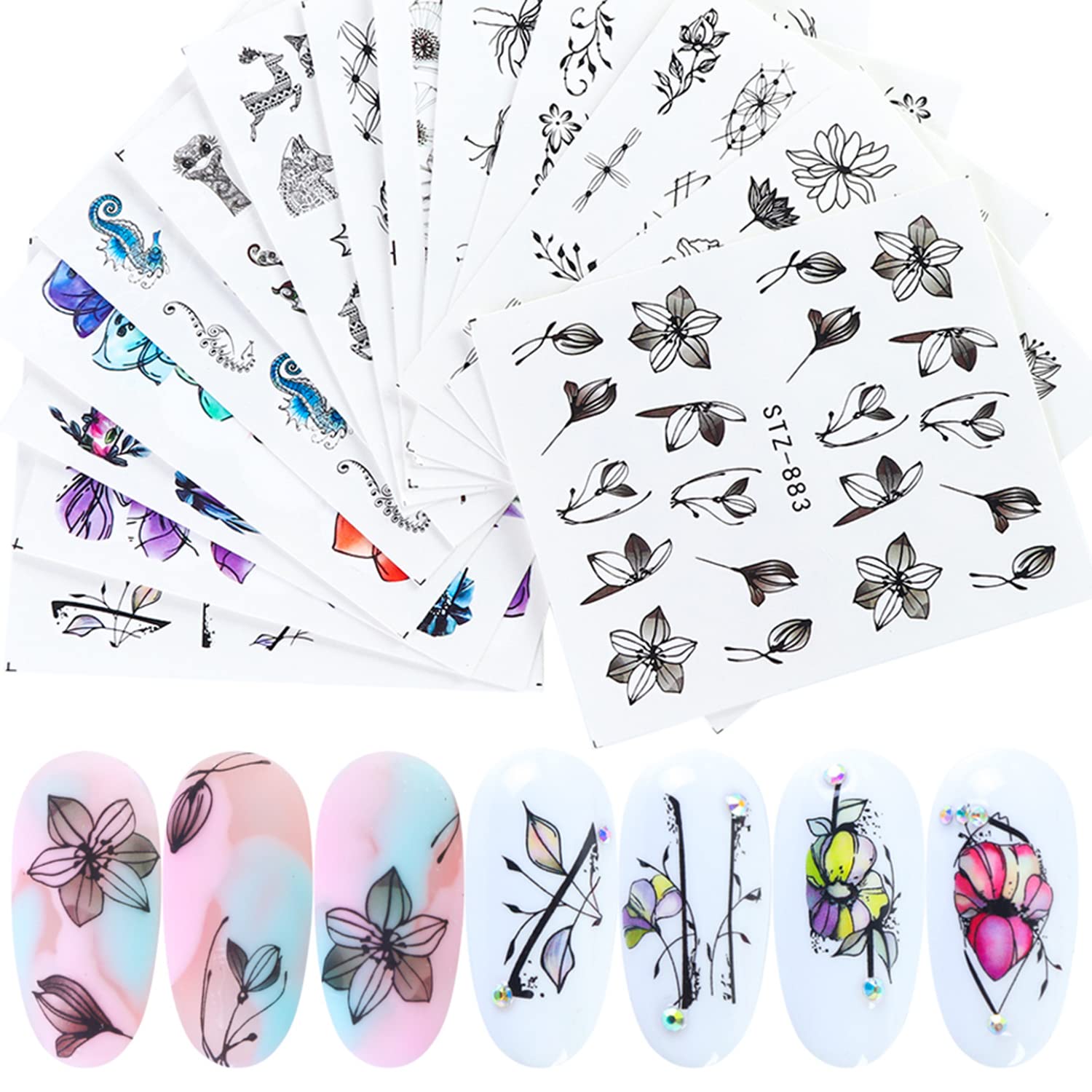 Flowers Nail Art Decals, Black Flower Leaf Animal Butterfly Nail Art Stickers, Holographic Floral Nail Water Transfer Decal Design Supplies for Women Manicure Charms Decorations, DIY Resin Nail Decal