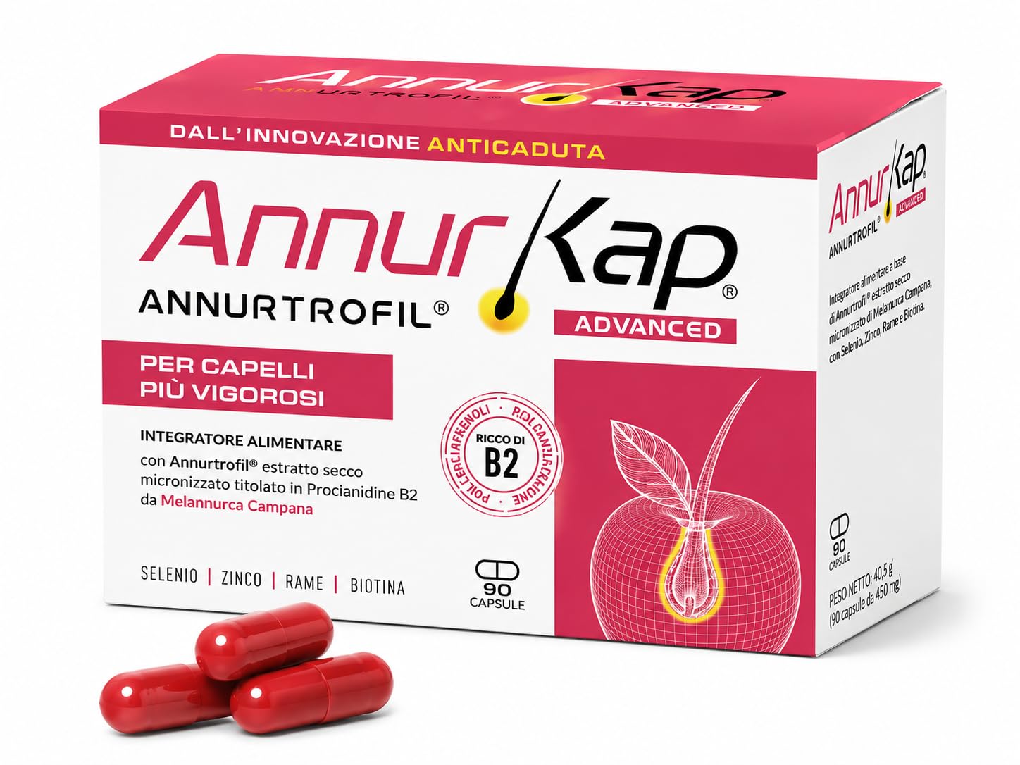 AnnurKap ADVANCED Integratore per Capelli | 90 Capsule con Annurtrofil® da Melannurca Campana, Biotina, Zinco, Rame e Selenio | Supporta Capelli Forti, Folti e Vigorosi | Made in Italy