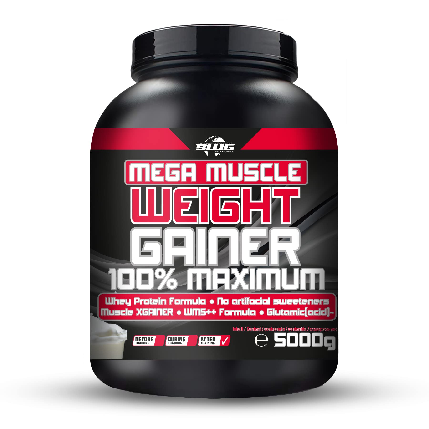 BWG Mega Muscle Weight Gainer 100% Maximum – Mega Chocolate, 5000 g Dose mit Dosierlöffel