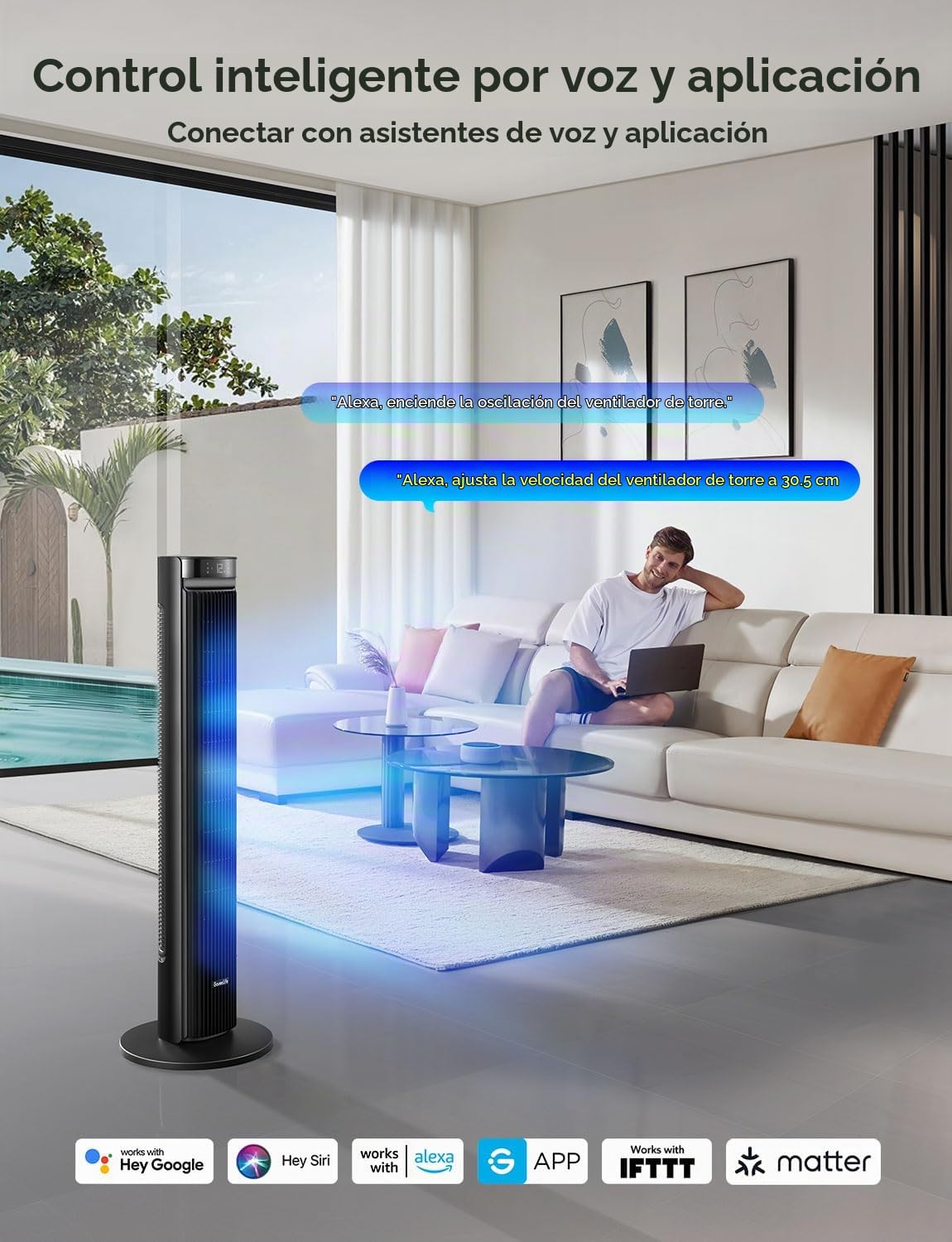 Ventilador silencioso GoveeLife, 12 velocidades de hasta 8 m/s, 5 modos, temporizador de 24 horas, ventilador de torre inteligente con oscilación de 150°, aplicación y control por voz para el hogar, c