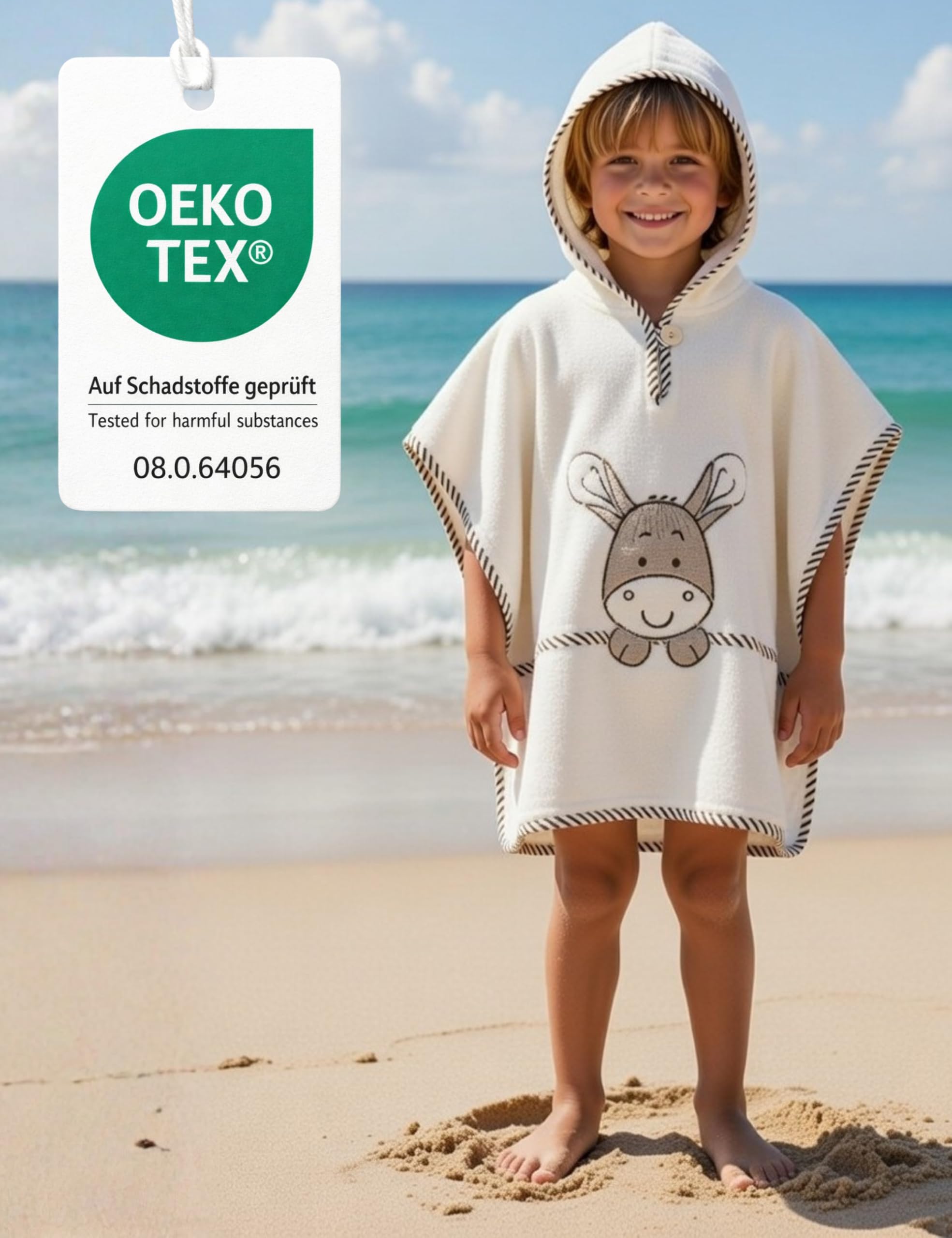 Morgenstern Badeponcho Kinder 1–3 Jahre mit Kapuze – 100% Baumwolle OEKO TEX® Handtuchponcho Kleinkind – Weicher Strandponcho mit Motiv, Farbe: beige