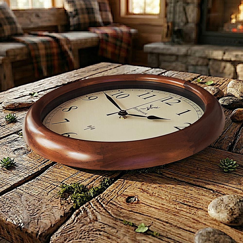 Holzwerk TRIBERG (Funk) 35cm Natur Vintage Retro Holz Funk Wanduhr Glas Holz-Uhr Funkwanduhr Funkuhr nahezu lautloses Uhrwerk Massivholz 14 Zoll Braun Weiß große Ziffern (Hwn.braun.weiß)