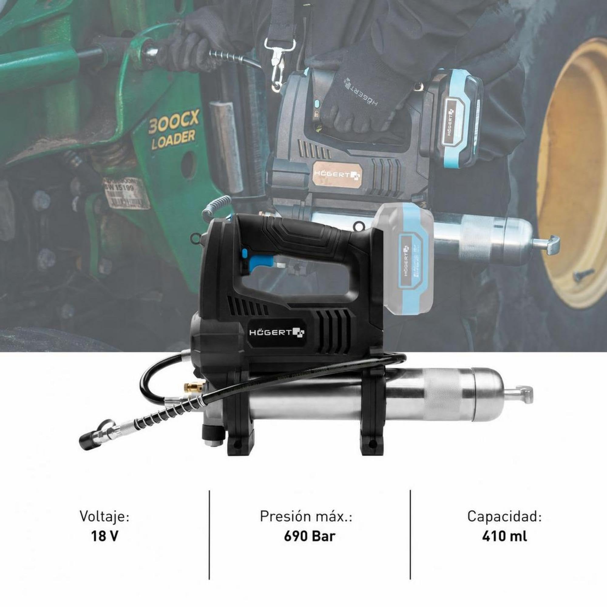Högert Technik Engrasadora a Batería 18V OneAccuSystem, 680 Bar, 280 g/min, Pistola de engrase con LED, válvula de Purga de Aire, Correa para Hombro, para Taller, Set mit Akku 4Ah + Ladegerät 4A