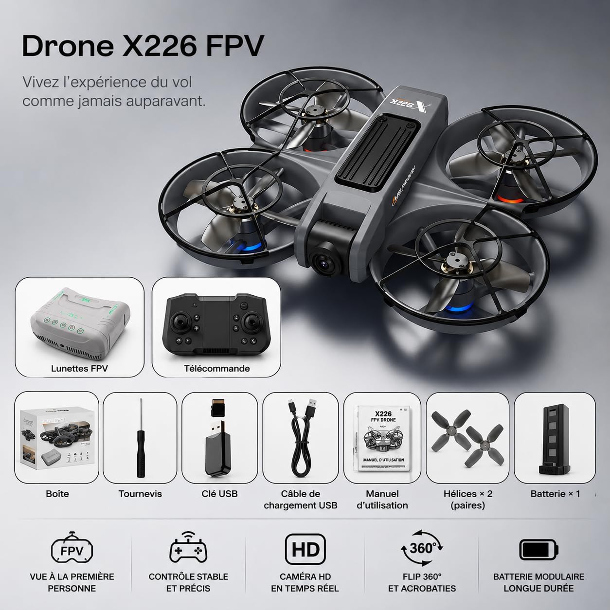 X226 VR Drone FPV con Occhiali VR, Fotocamera 720P, Motore Brushless, Stabilizzazione Ottica, Acrobazie 360°, Modalità Principiante e Doppia Fotocamera