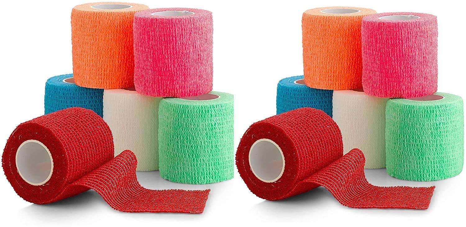 MEDca 12 Pack, Self Adherent Cohesive Tape - 2” x 5 Yards, Self Adhesive Bandage Rolls and Vet Wrap, Sports Athletic Wraps for Elbow Ankle, Wrist, Knee Sprains and Swelling (Assorted Neon Colors)