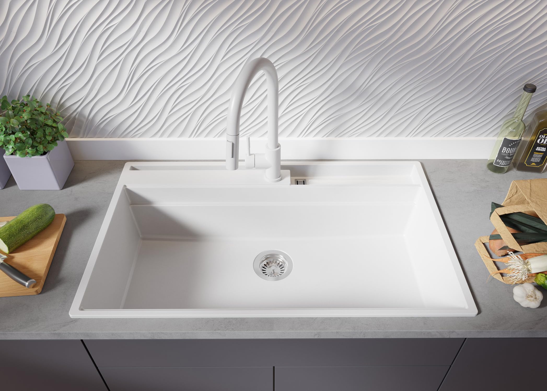 PRIMAGRAN Lavello da Cucina Bianco 88x53cm, Lavandino in Granito a 1 vasca + Sifone Classico, Lavabo da Cucina Incasso al Mobile 90cm - Oslo 90 Pocket S456