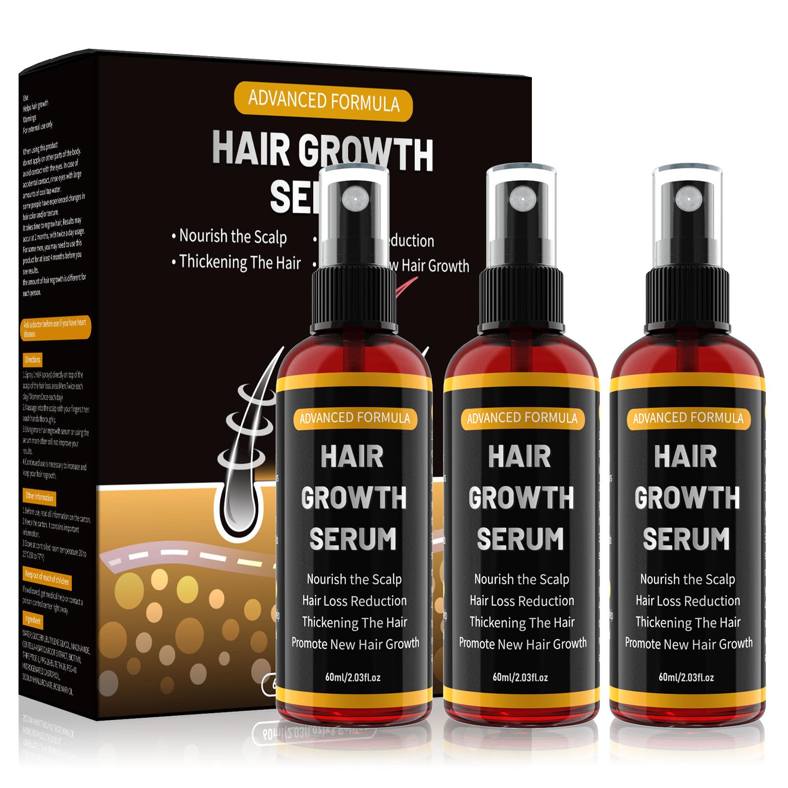 Haarwachstumsserum Spray für Männer/Frauen,haarwachstum beschleunigen,Verhindert Haarausfall,Mit Biotin und Rosmarin für Haarwachstumsöl, haaröl wachstum,bart wachstum,Sanft,Trocken,60ml(3er Pack)