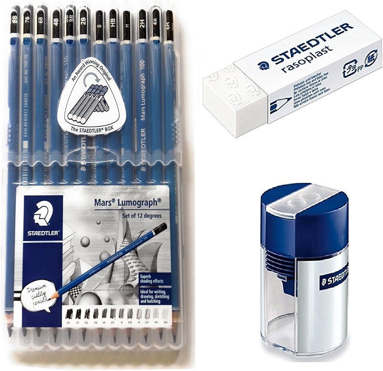 Wooden Lead Pencil By Staedtler Mars Lumograph - Pack of 12 Degrees in Practical Plastic Storage Box with Staedtler Tub Sharpener and Rasoplast Eraser