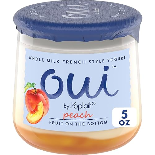 Oui by Yoplait Yogur de leche entera de durazno, yogur estilo francés, tarro de yogur de vidrio de 5 onzas