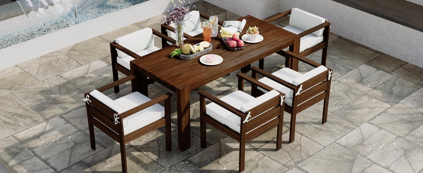 7-Piece Outdoor Dining Set for 6 People with Rectangle Table and Removable Cushions, Patio Furniture for Garden, Backyard, Poolside (Mocha Frame, Beige Cushions)