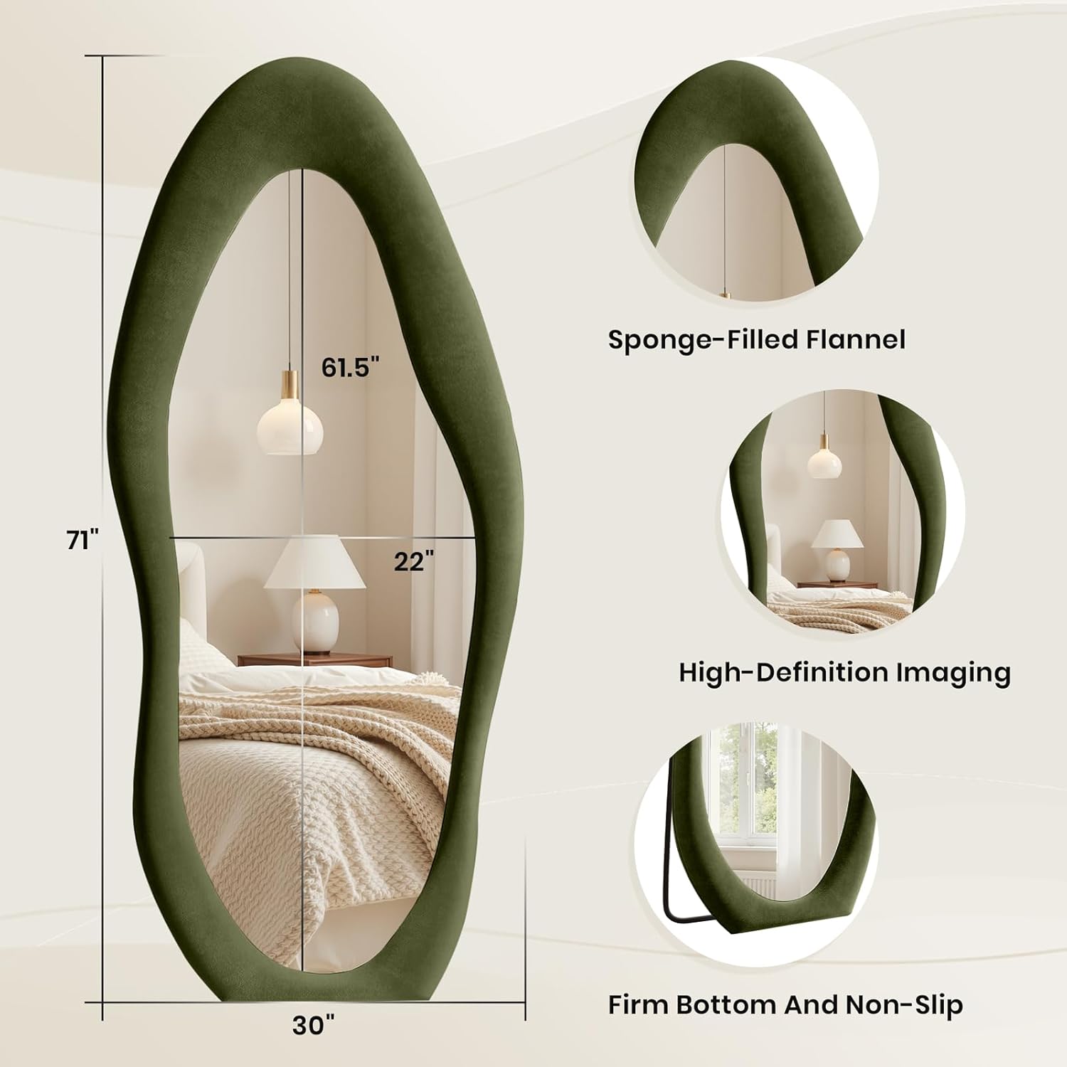 Anpark Full Length Mirror, 71"x 30" Wall Mirror, Flannel Wrapped Wooden Frame Floor Mirror, Irregular Wavy Hanging or Leaning for Bedroom Living Room Cloakroom, Green