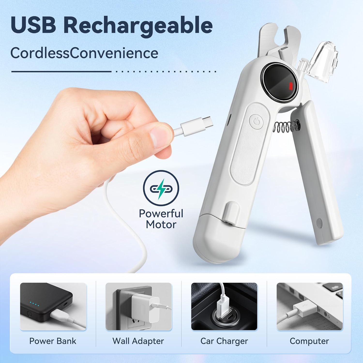 2-in-1 Dog Nail Clippers & Grinder with Light, Quiet Electric Pet Nail Trimmer for Large Medium Small Dogs & Cats, 3 Speeds, Rechargeable, Splash Guard & Safety Lock, Painless Grooming Tool (White)