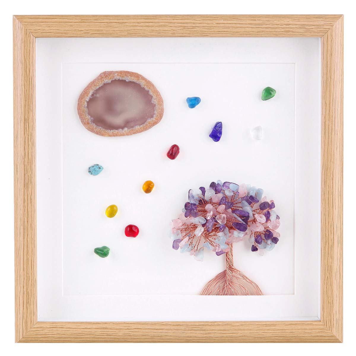 mookaitedecor Framed Agate Slice Wall Art, Amethyst/Rose Quartz/Aquarine Crystal Tree Tumbled Stones Picture Frame for Home Decoration 8.8 Inches