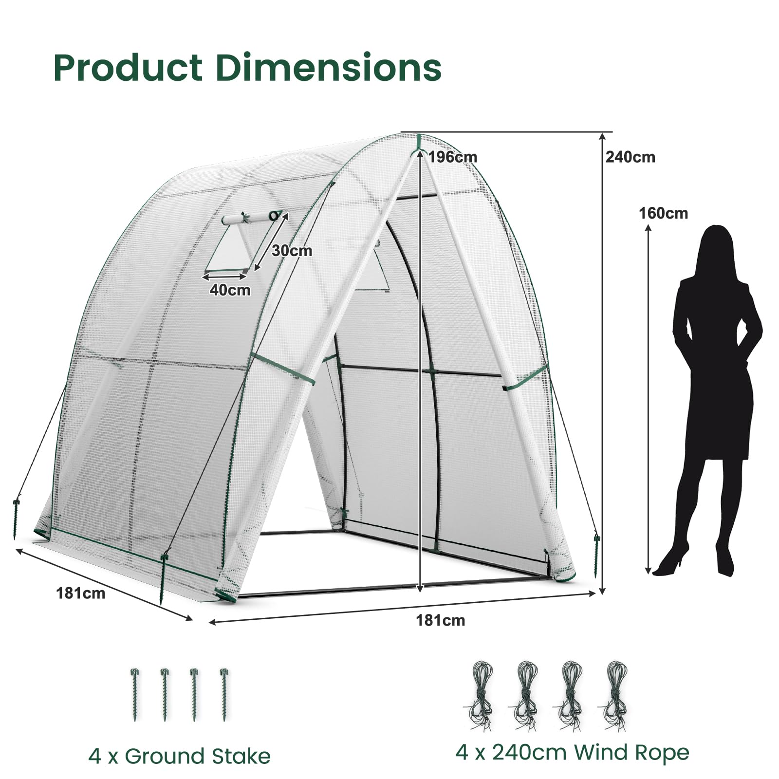 HOMASIS Serra Tunnel con Porta a Rullo e 2 Finestre, Serra da Giardino in PE e Telaio in Metallo, Serra da Balcone per Pomodori, 181 x 181 x 200 cm (Bianco)