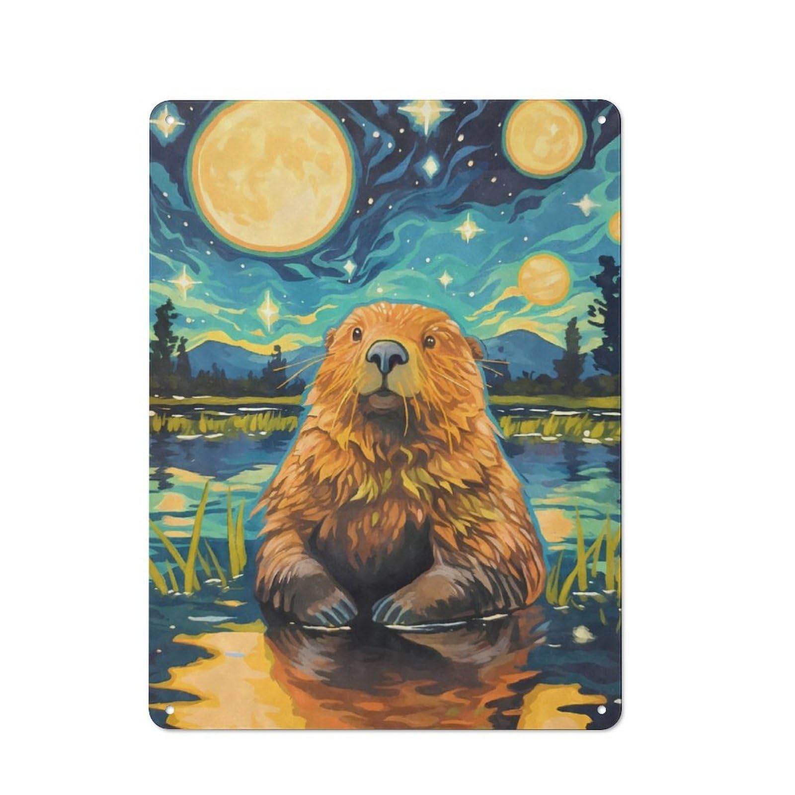 Junmoney Cute Beaver Starry Night Metal Sign 40X30cm With For Hallway Wall, Vintage Decor, For Garage, Workshop And Man Cave Decoration