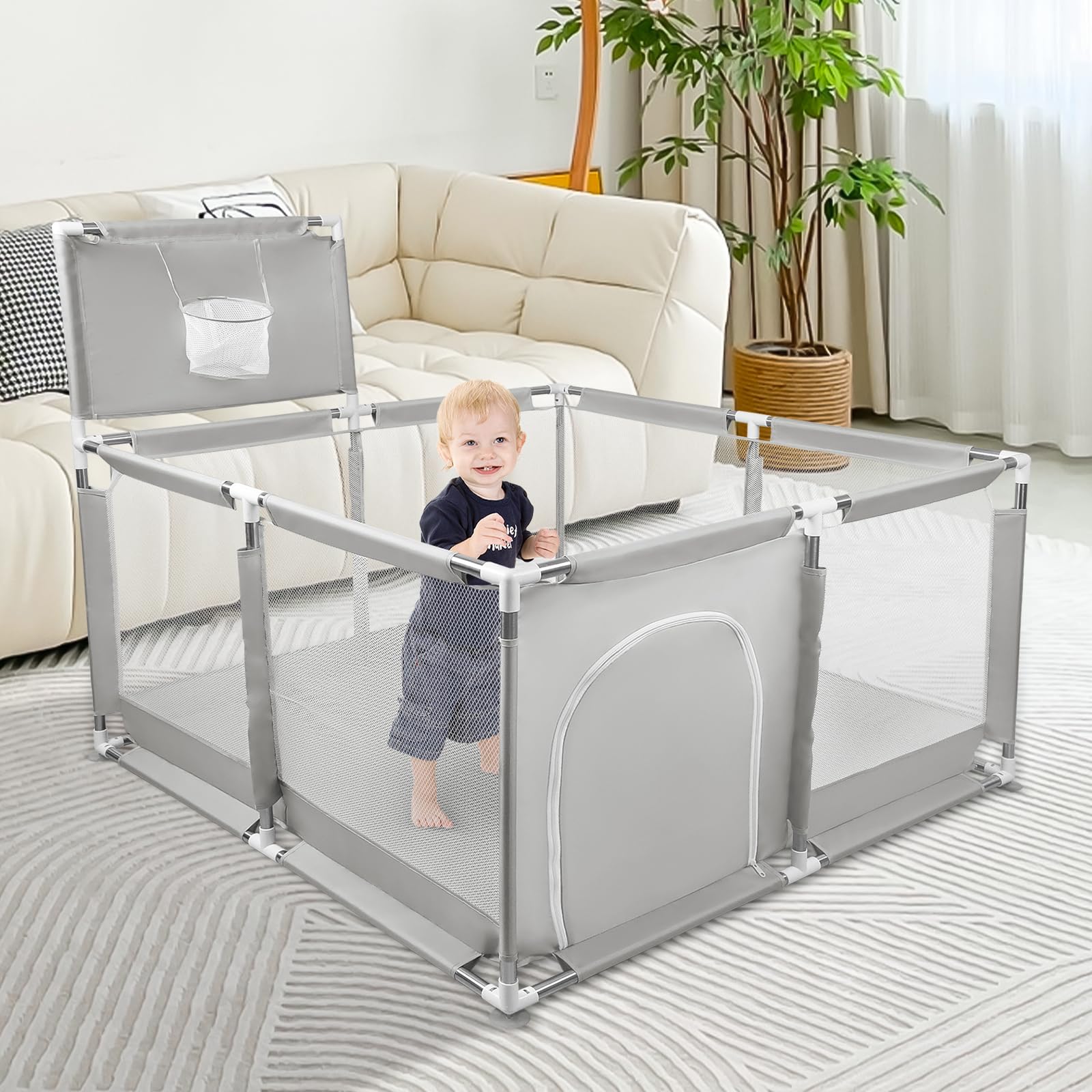 Parc Bébé,grand parc pour enfant en bas âge, Filet Respirant et Ventouses Antidérapantes, pour Enfants en Tissu Oxford 210D, Parc de Jeu Intérieur et Extérieur (126 x 126 x 66 cm (A) Gris clair)