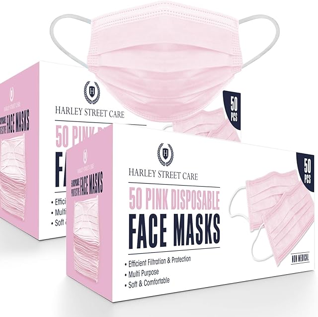 Harley Street Care Disposable Pink Face Masks Protective 3 Ply Breathable Triple Layer Mouth Cover with Elastic Earloops (Pack of 100)