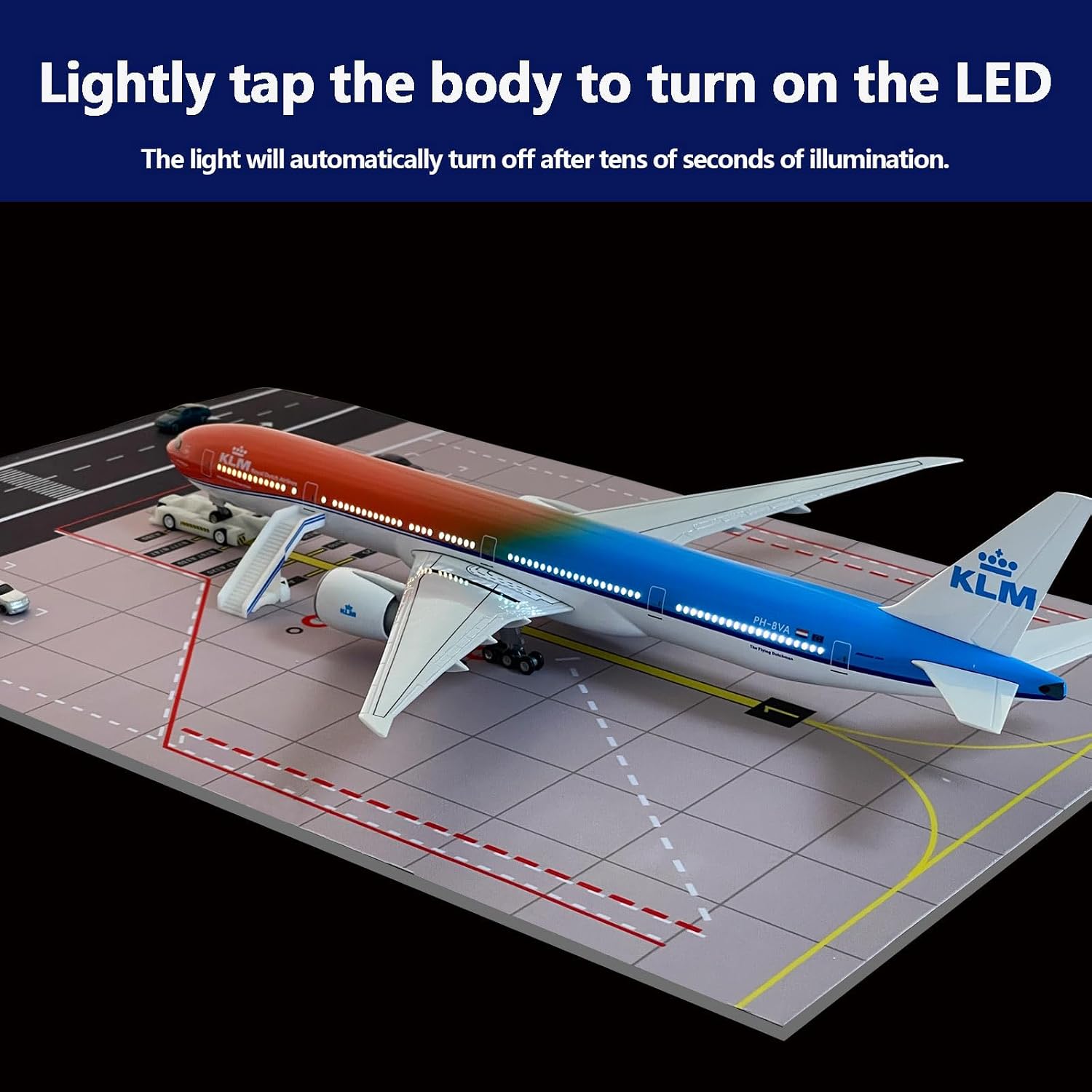 B777 Model Airplane 18.5 Inches Long 1/150 Scale B777 Model with LED Lights and Airport Scene Accessories Ideal Display and Gift