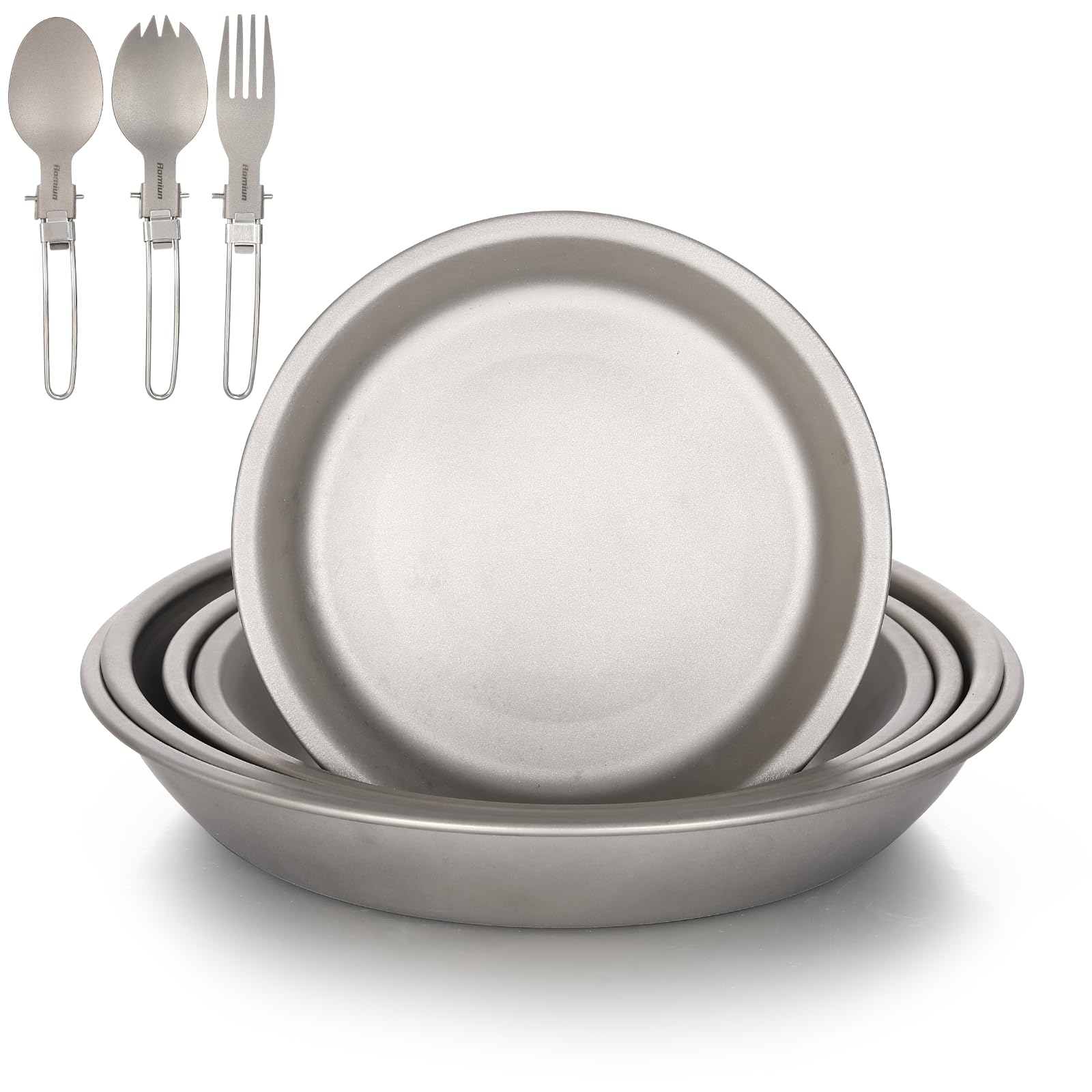 Aomiun 8PC Titanium Camping Plates Set with Utensils | Ultralight 5-Stack Outdoor Dinnerware (5 Plates + 3 Foldable Cutlery) | Corrosion-Resistant for Backpacking, Hiking, Picnic