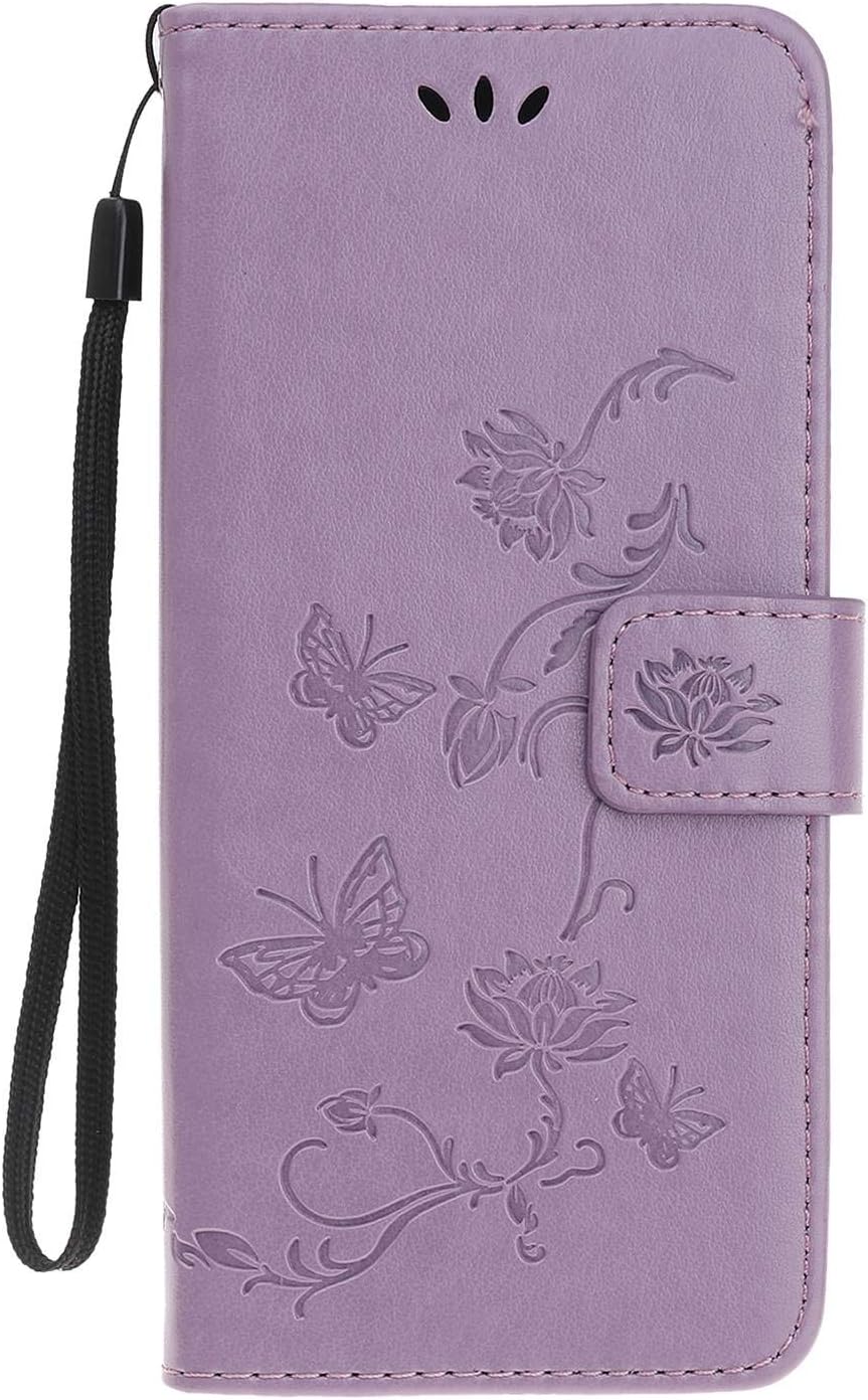 Samsung Galaxy A20E Case Flip Cover PU Leather Wallet Lotus Butterfly Embossed Magnet Closure Card Slot Holder Stand Silicone Bumper Shockproof Case for Samsung Galaxy A20E Light Purple