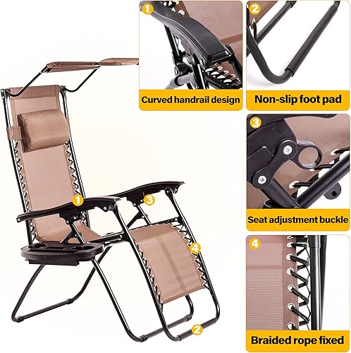 Miniatura 5 de BestMassage Sillas de patio, silla de gravedad cero, paquete de 2 sillas reclinables con toldo plegable y soporte para tazas para diversión al aire