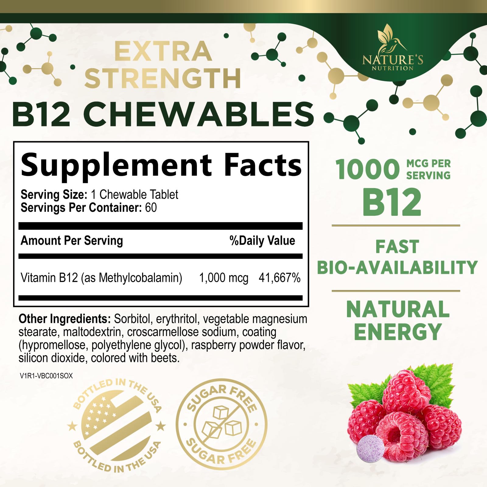 Vitamin B12 1000 mcg - Maximum Strength Methylcobalamin B-12 Chewable Tablet - Energy, Nervous System & Brain Support - Fast Dissolve, Natural Berry Flavor - Women & Men - Bottled in USA - 60 Tablets — Amazon image 2