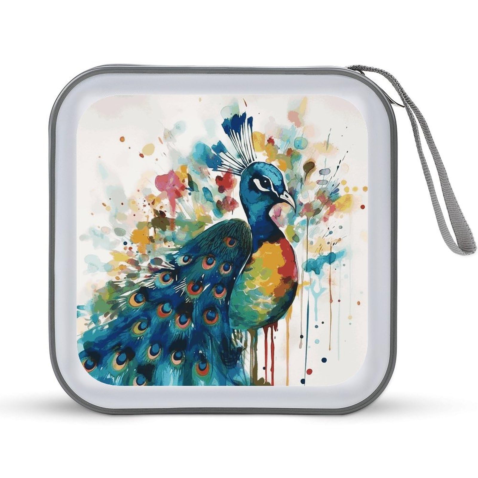 JTREHY Watercolor Peacock CD Case 40 Capacity CD/DVD Case Holder Disc Storage Organizer Wallet Bag Portable Zipper CD Case Holder for Car Home Office Travel