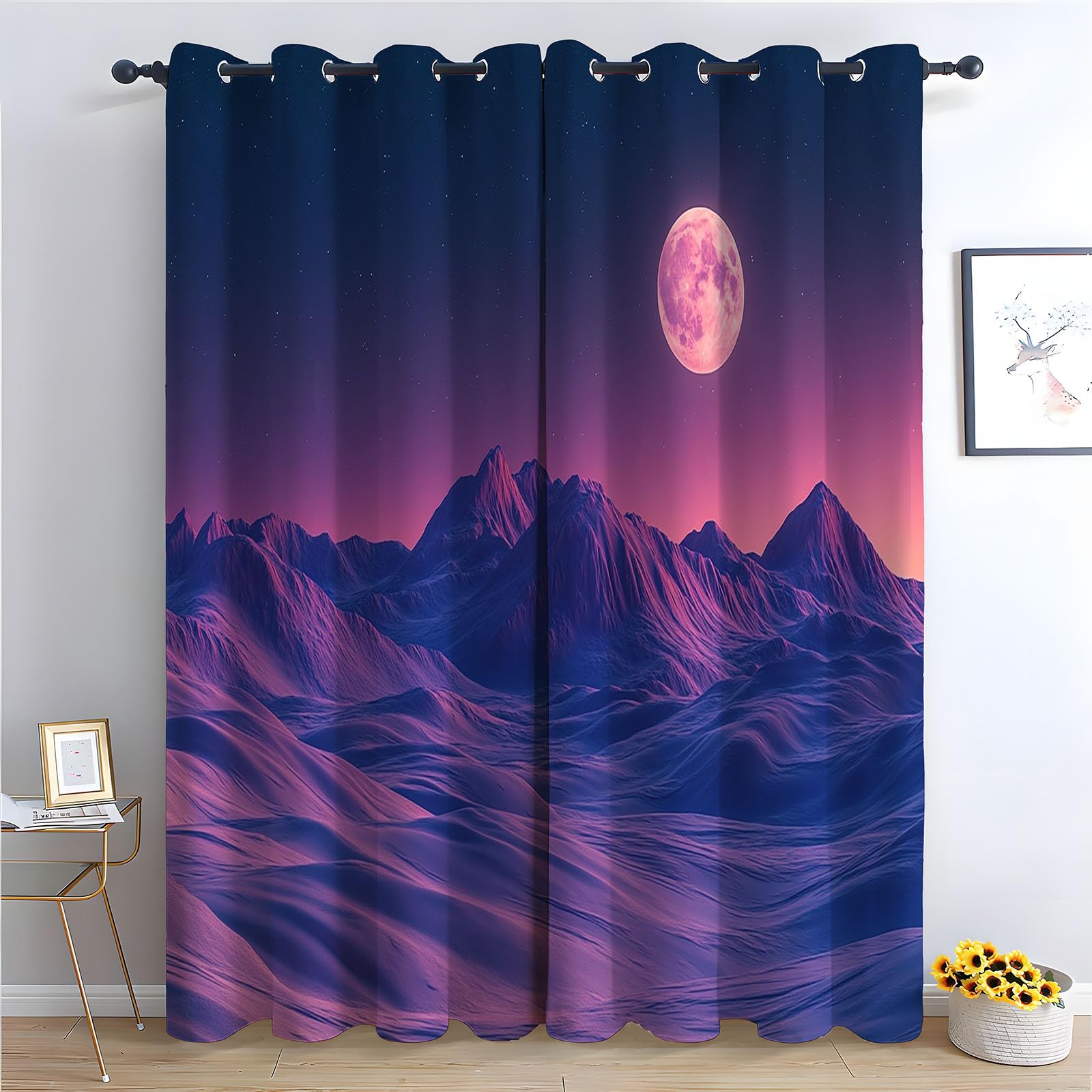 Böhmische Abstrakte Linien-Küchenvorhänge Mond Gardine Lichtundurchlässig Fenstervorhang Wohnzimmer Bunt geometrisch Vorhänge-H220 x B132 cm (2er Pack)