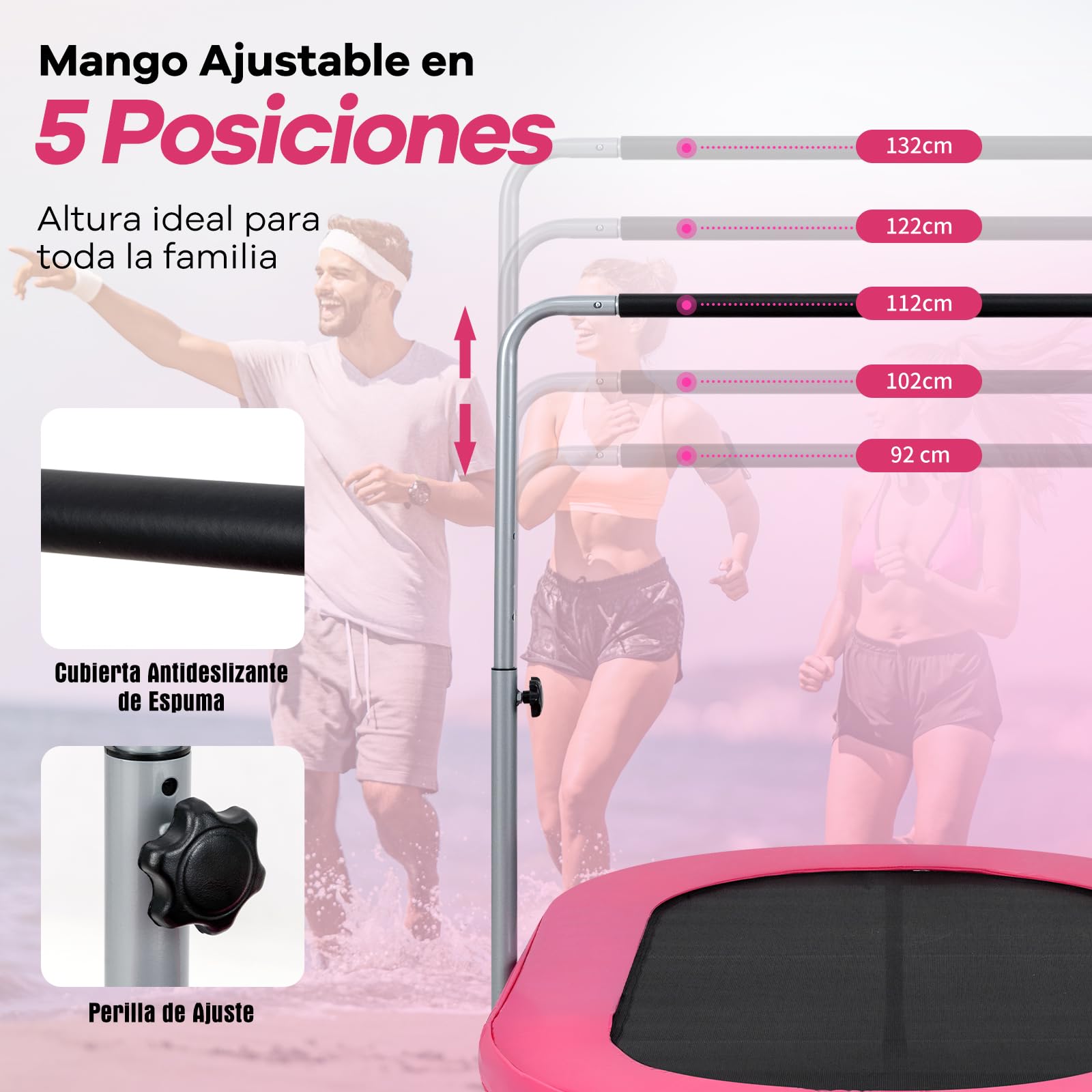 COSTWAY Cama Elastica para 2 Personas, Trampolin de Fitness Plegable con Mango Ajustable en 5 Niveles, Trampolín para Niños y Adultos con Capacidad de 150 kg, para Hogar y Gimnasio, 65 x 154 x 132 cm