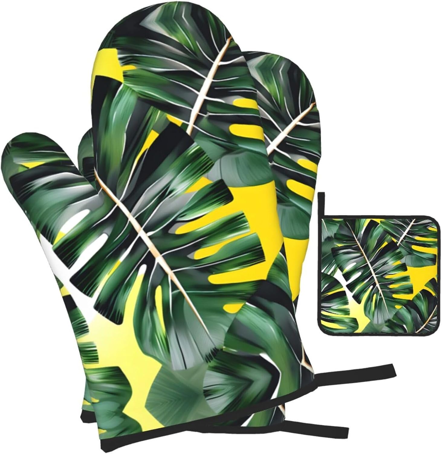 Tropical Banana Palm Leaves Print Heat Resistant Microwave Gloves, Used for Baking, Cooking, and Fashion Kitchen Essentials