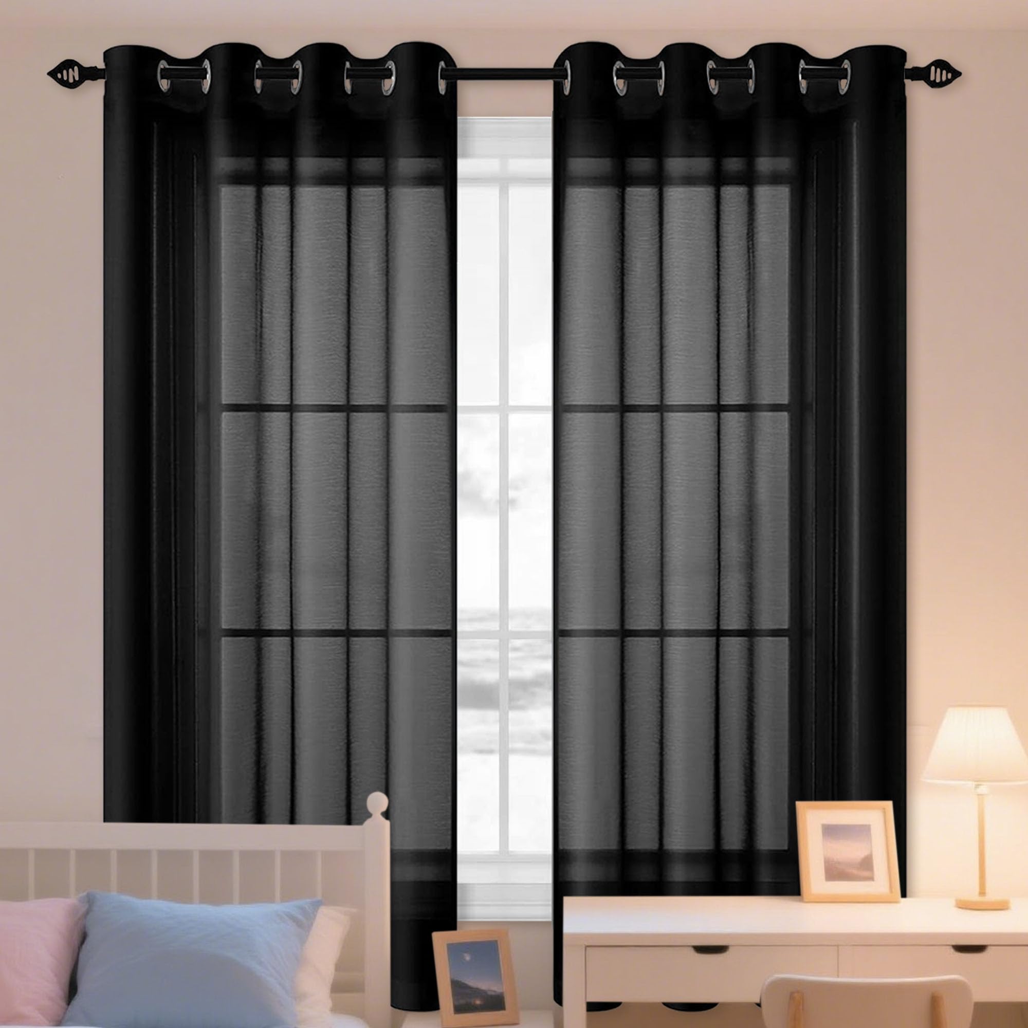 Rideau voilage oeuillet noir 280 x 125 cm transparent au tombé fluide