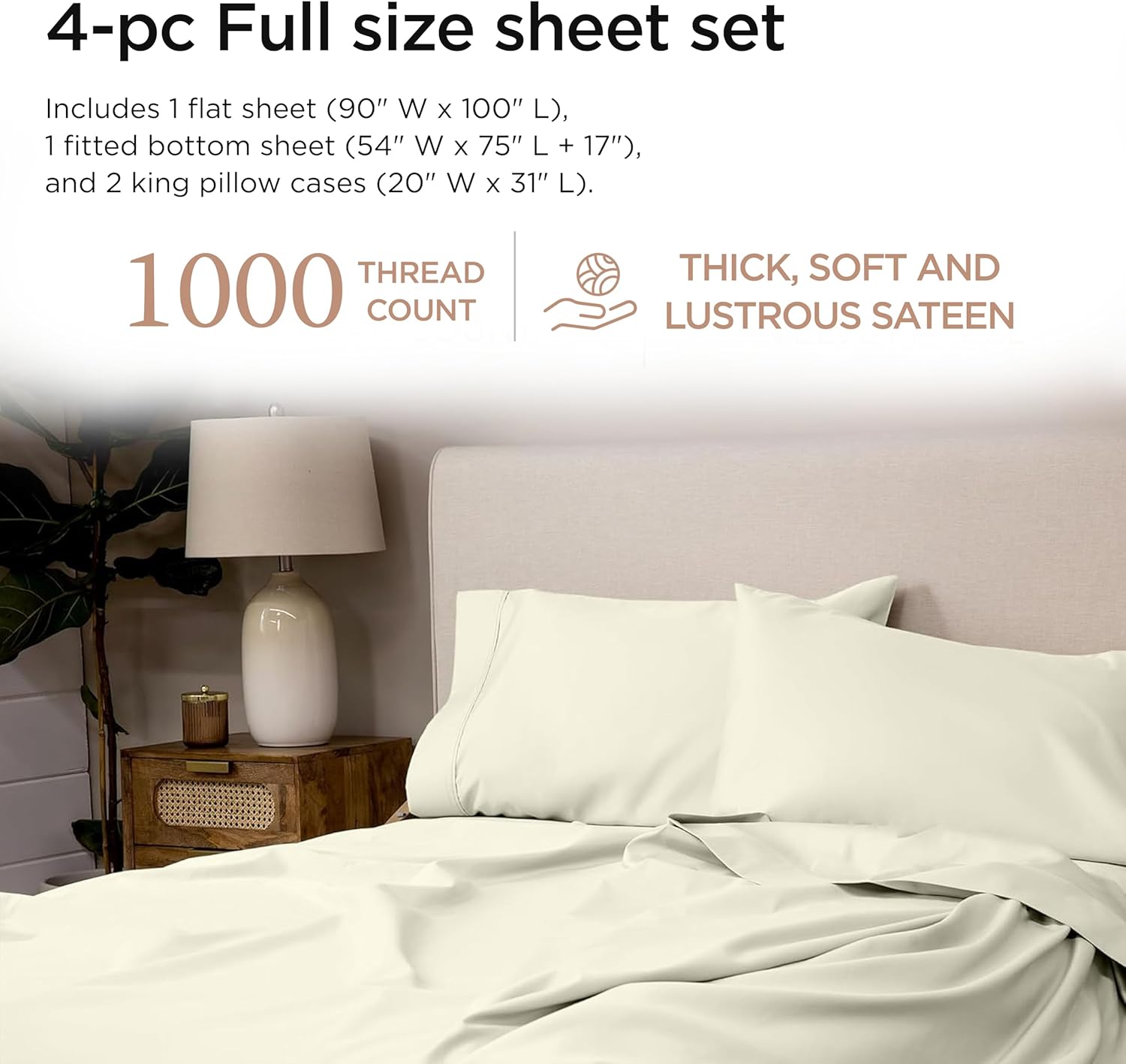Threadmill Luxury Supima Cotton Sheets, Luxury 1000 Thread Count 100% Soft Cotton Sheets for Full Size Bed, 4 Pc Ivory Bed Sheets Full Set, 5-Star Hotel Quality Deep Pocket Bed Sheets Set - Image 2