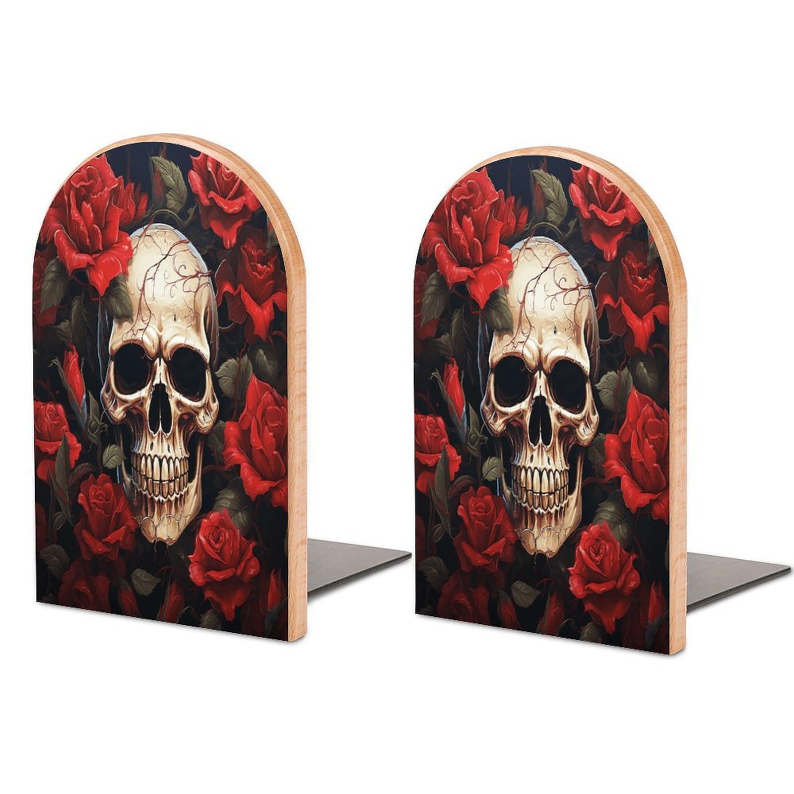 Skull Rose-Red Bookend Wood Book End for Shelves Heavy Duty Non-Slip Wooden Bookend Support Universal Economy Bookends Fancy Modern Decorative Book Accessories 1 Pairs