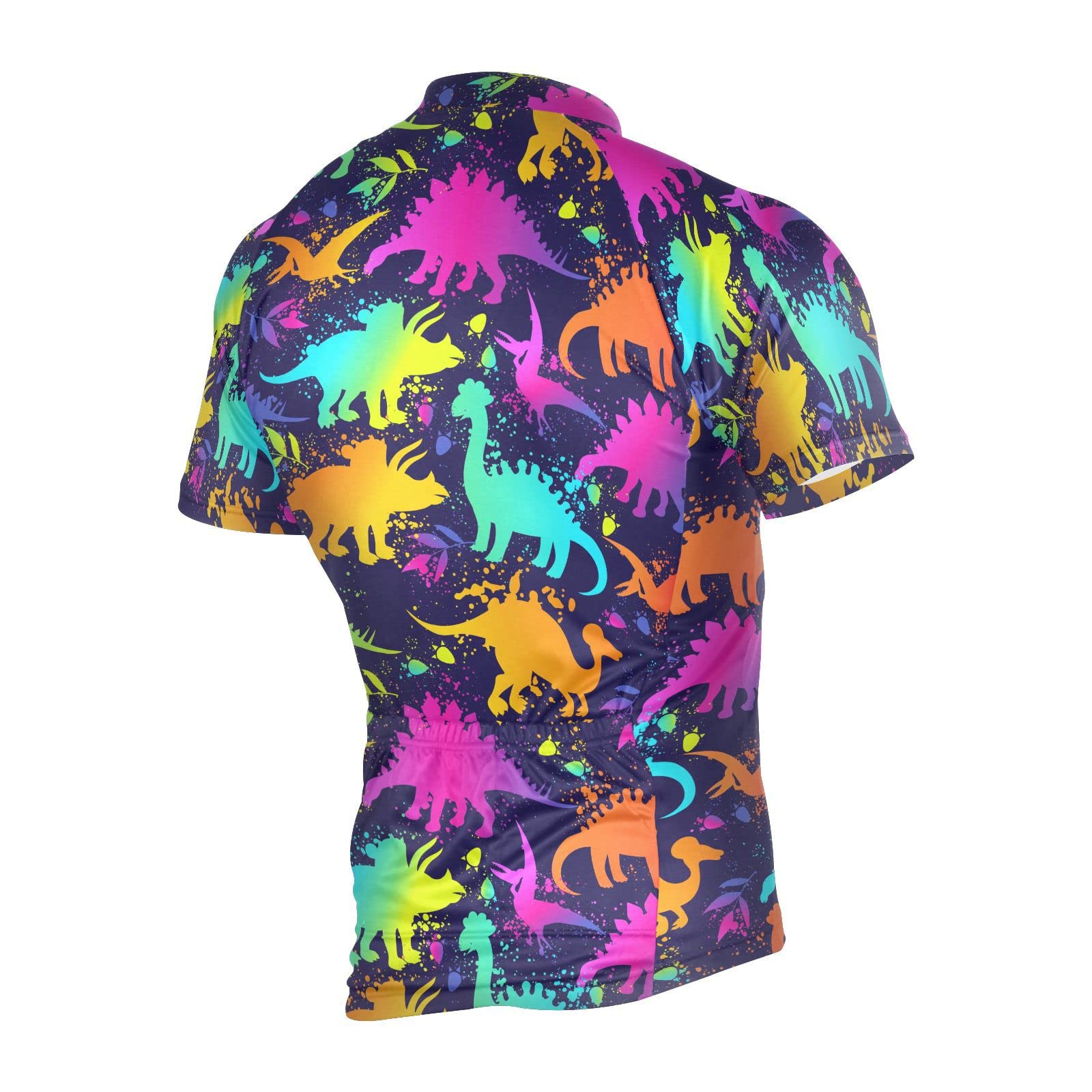 JHKKU Funny Neon Dinosaurs Cycling Jersey Men Short Sleeve, Road Bike Jerseys Full Zipper with Pockets, Bicycle Clothing M