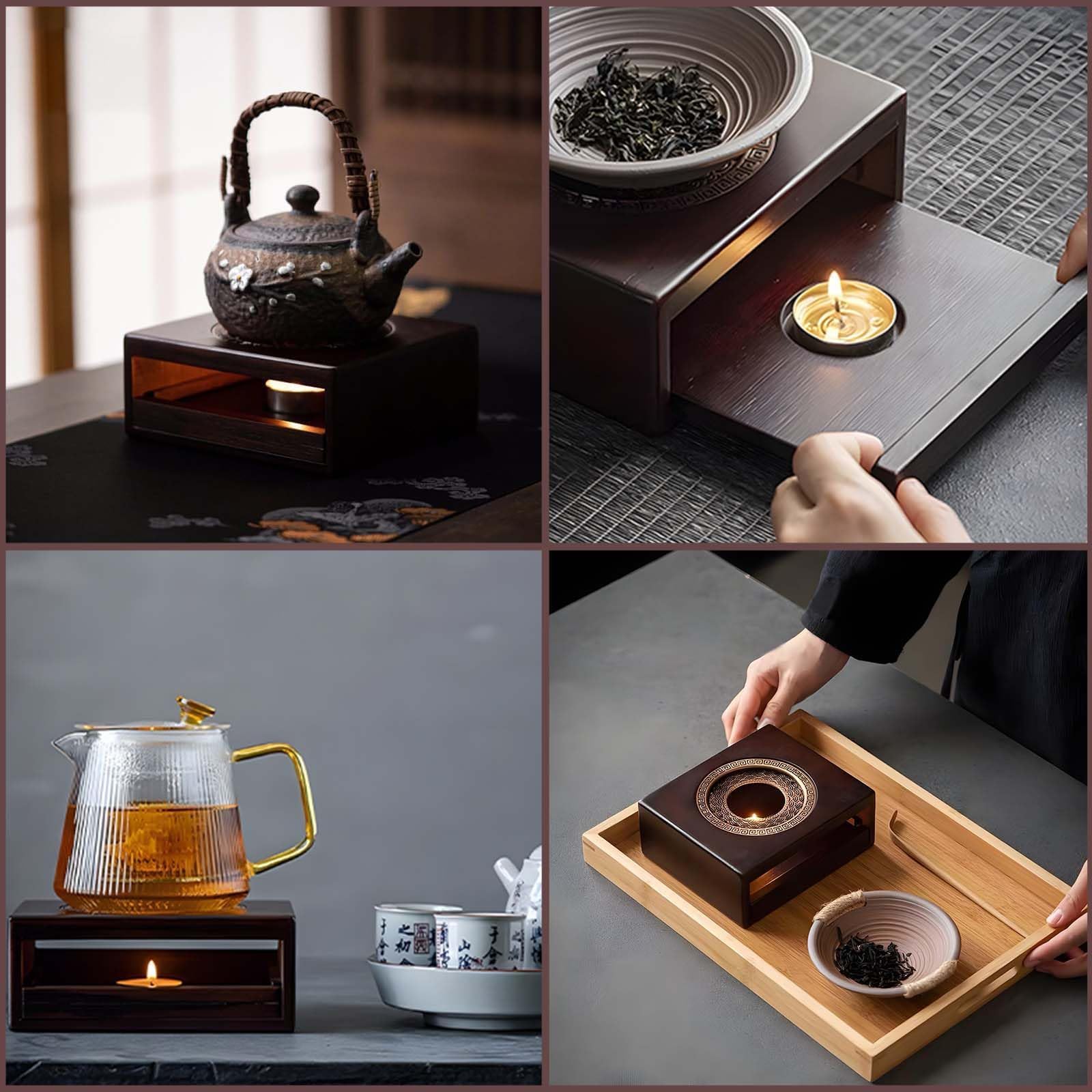 MINZHI Calientaplatos para tetera de madera bambú, base calentador de té y café