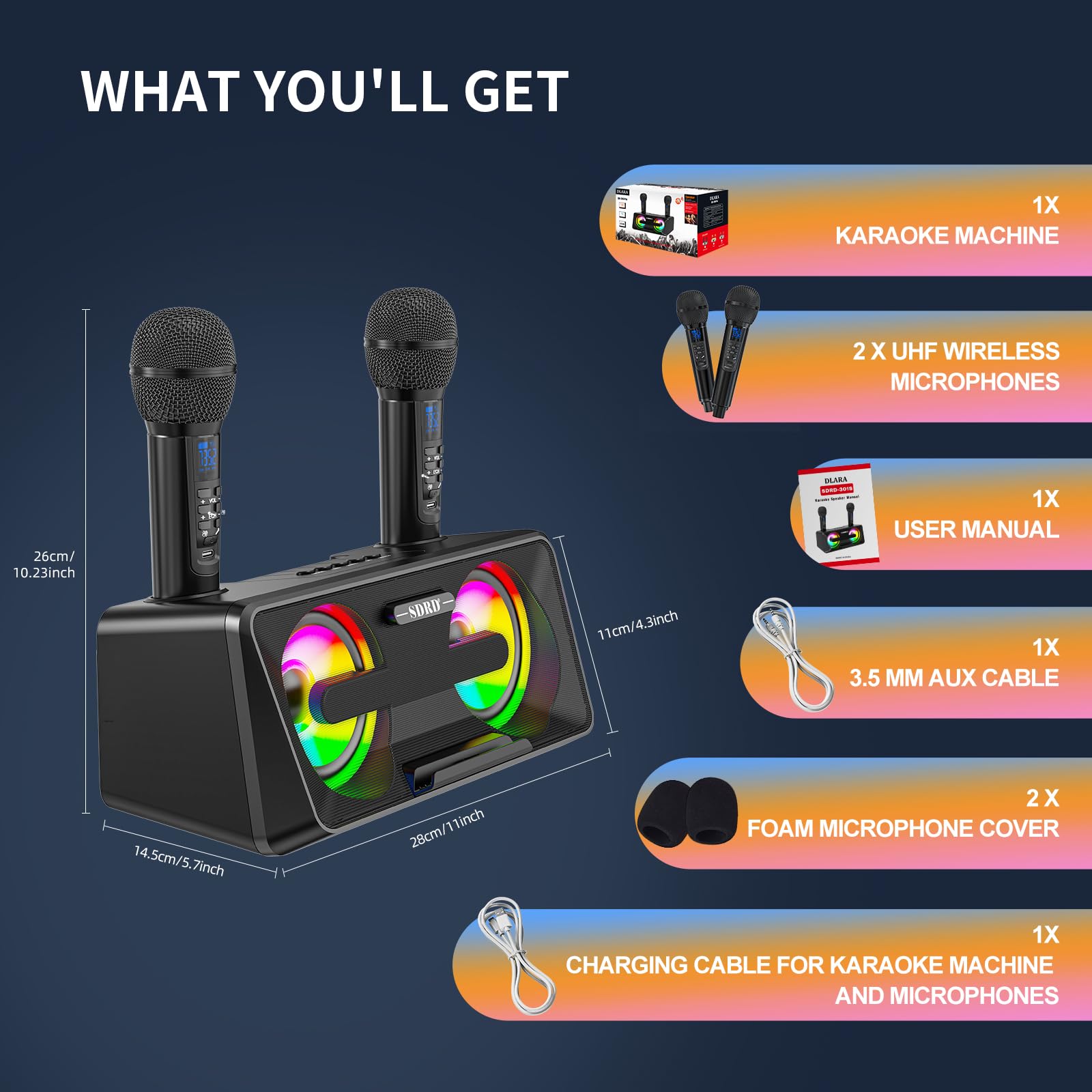 Maszyna do karaoke dla dorosłych i dzieci, 2 mikrofony UHF, głośniki Bluetooth, system PA z lampami, uchwyt na telefon, idealna na imprezę, piknik,