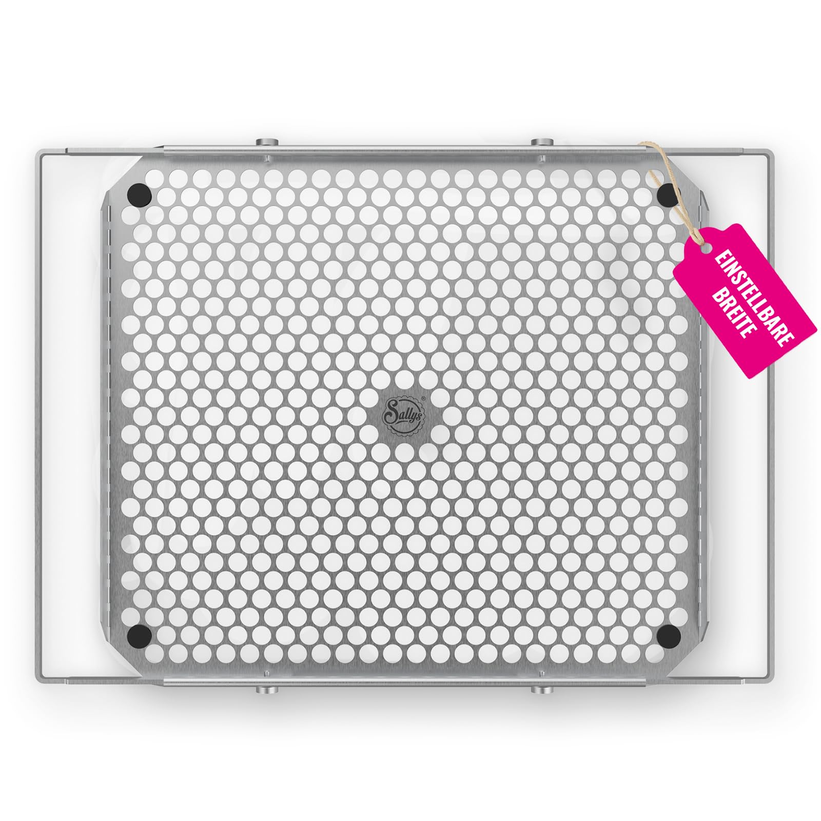 Sallys Premium Backblech V3 - Ausziehbares Edelstahl Backblech 39–46 cm - Perforiertes Lochblech für gleichmäßiges Backen - Beidseitig nutzbar - bis 230°C