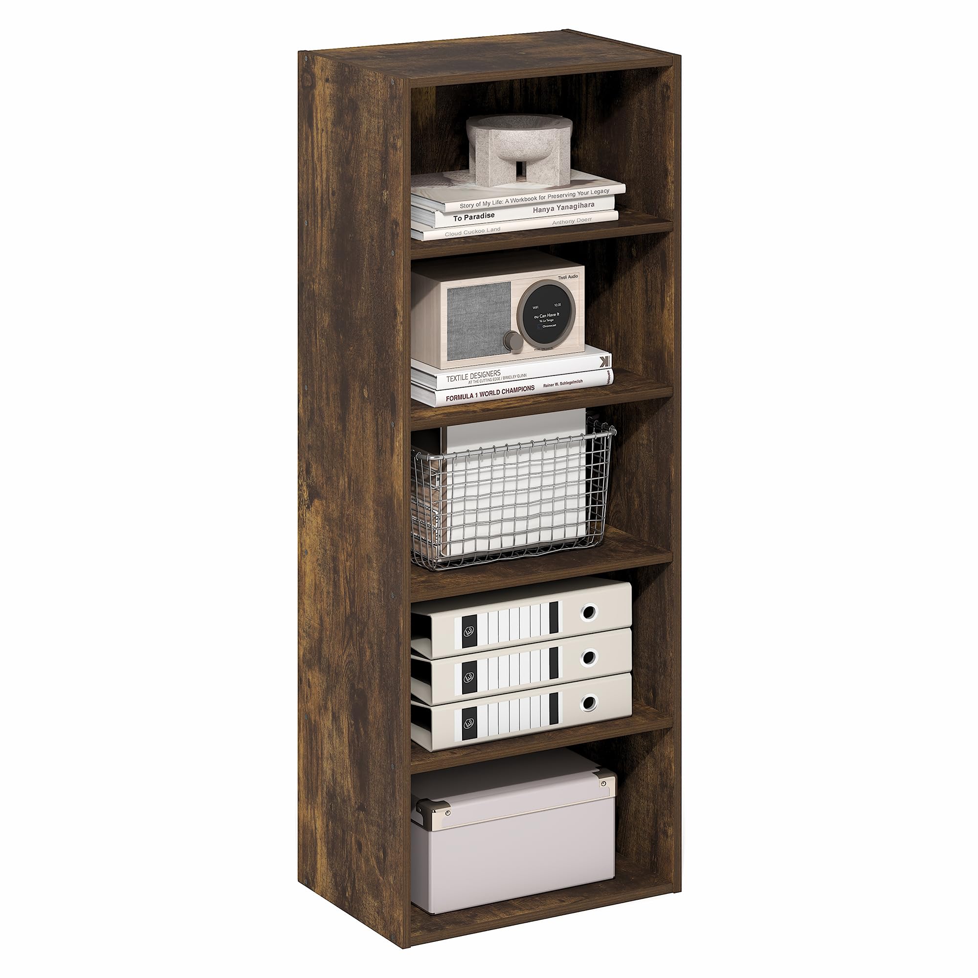 Furinno Basic Book Shelf, 5-Tier Bookshelf, Storage Organizer Bookcase with Open Shelf, 11 x 17 x 44, for Living Room, Bedroom, Home Office, Amber Pine