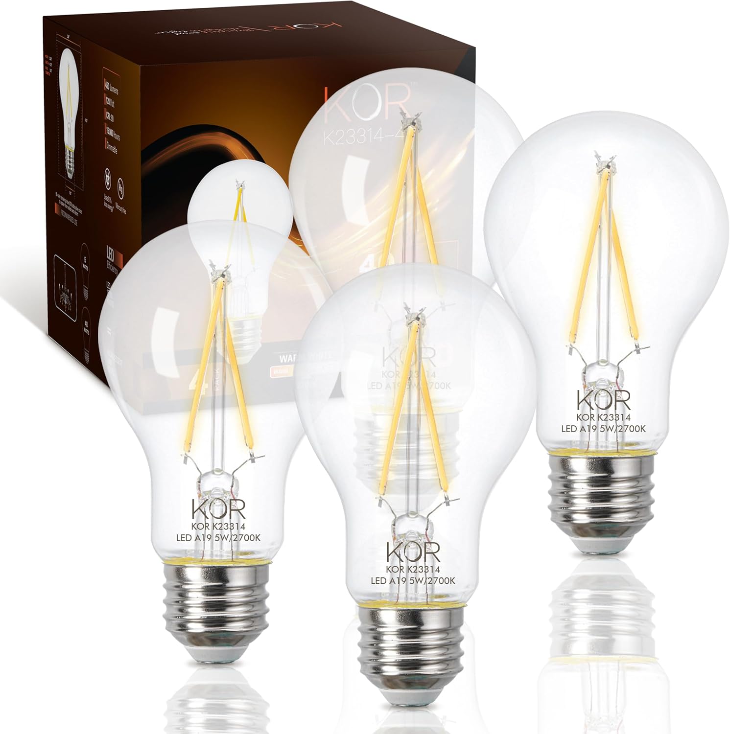 KOR LED A19 Filament Bulbs, 4 Pack, 40 Watt Equivalent, 2700K Warm White, Edison Vintage Dimmable Energy Efficient 5W, E26 Medium Base, 450 Lumens, CRI 90, Clear Glass Light Bulbs for Home, Farmhouse