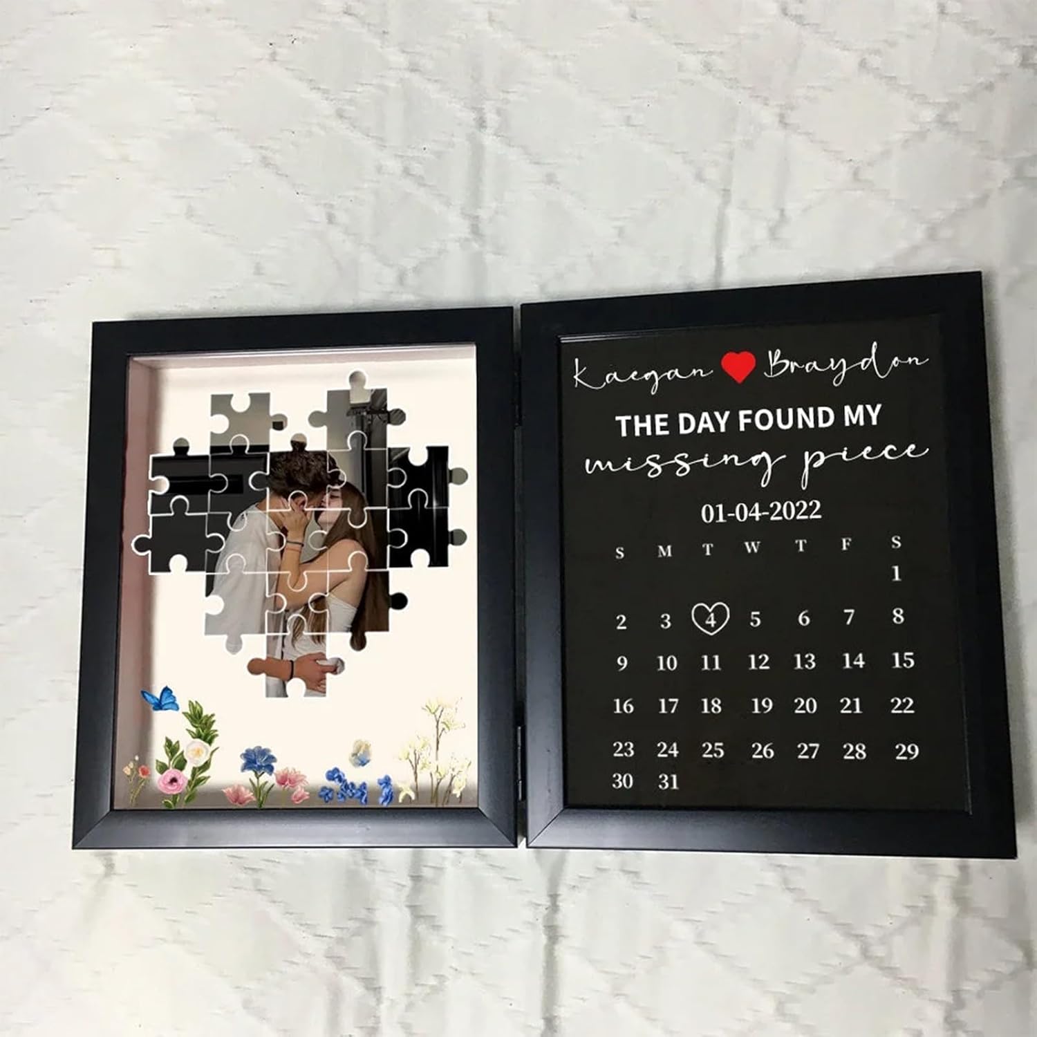 The Day I Found My Missing Piece Puzzele Photo Frame Custom Double Frame with Couple Picture Personalized Couple Photo Picture Frame Gift for Girlfriend Valentine Anniversary (Double Frame)