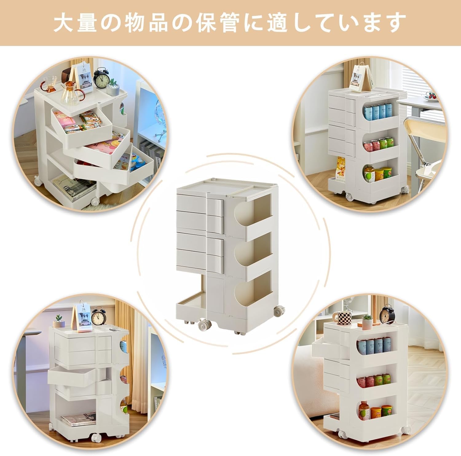 回転式引き出し トロリ 頑丈 耐久性 収納 3段 収納ラック ワゴン