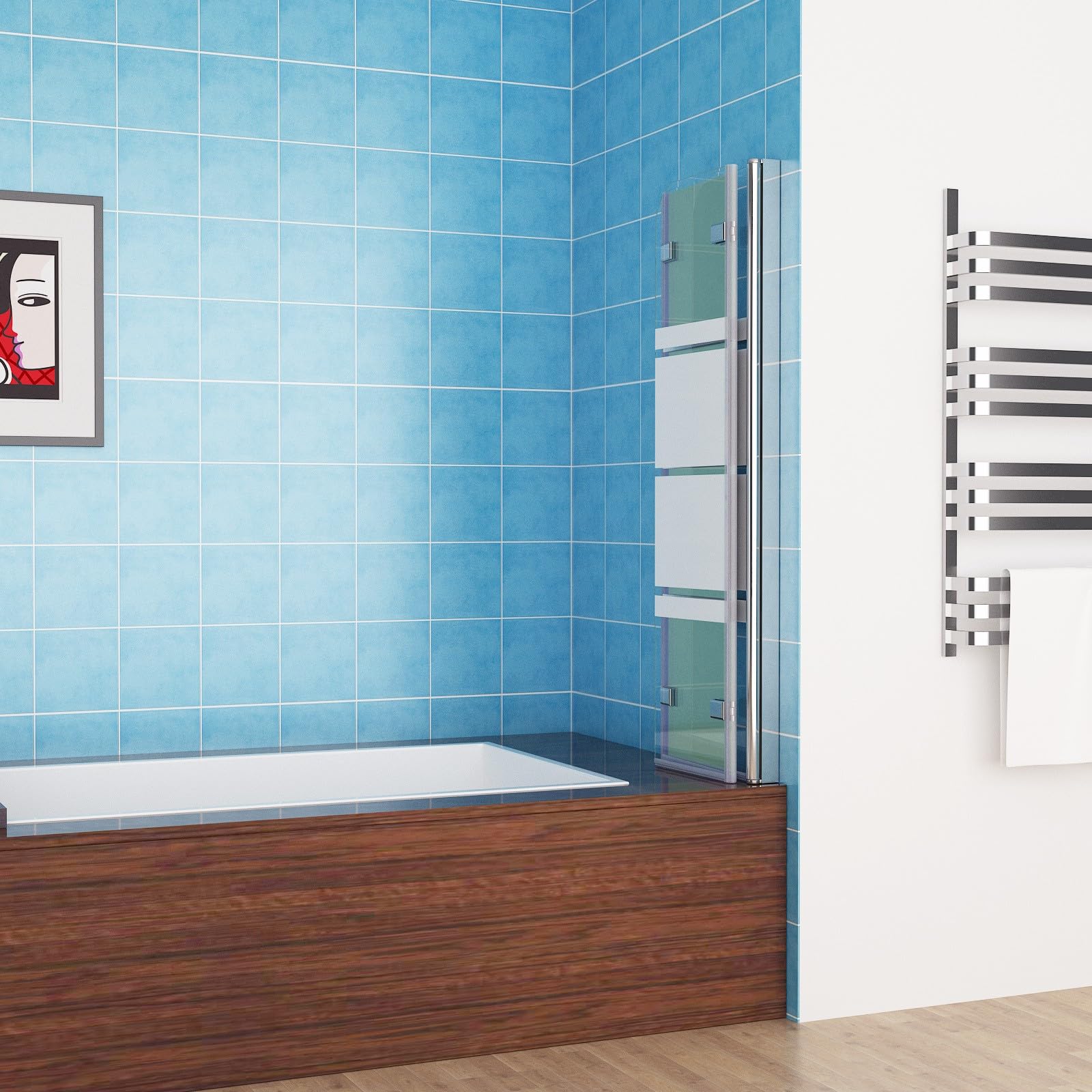 MIQU Mampara de Ducha para Bañera, 120 x 140 cm, 3 Piezas, Plegable, Mampara Ducha de Cristal con Patrón de Rayas Blancas y Vidrio 5 mm, Accesorio para Bañera de Cristal Templado