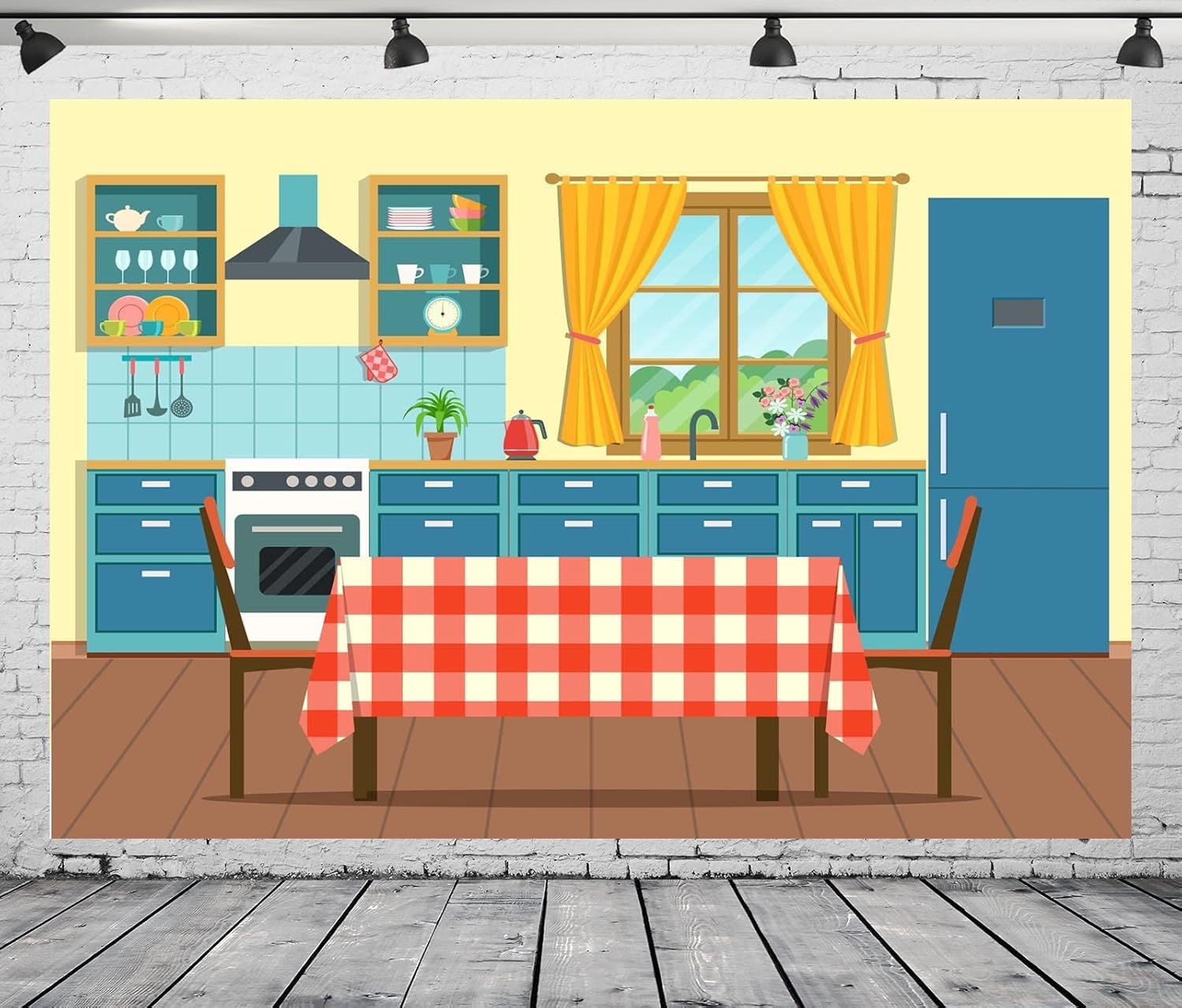 BELECO 6x3m Fabric Cucina Cartoon Colorata Sfondo Fotografico | Scenario Cucina Con Mobili Finestra Tavolo E Utensili Per Feste Foto Di Bambini Ed Eventi
