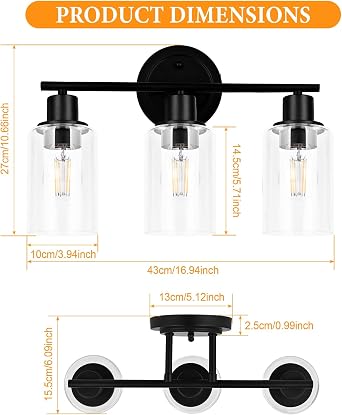 2 Pack 13 Inch Black Ceiling Light Fixture and 1 Pack 3-Light Black Vanity Light Fixture for Bathroom